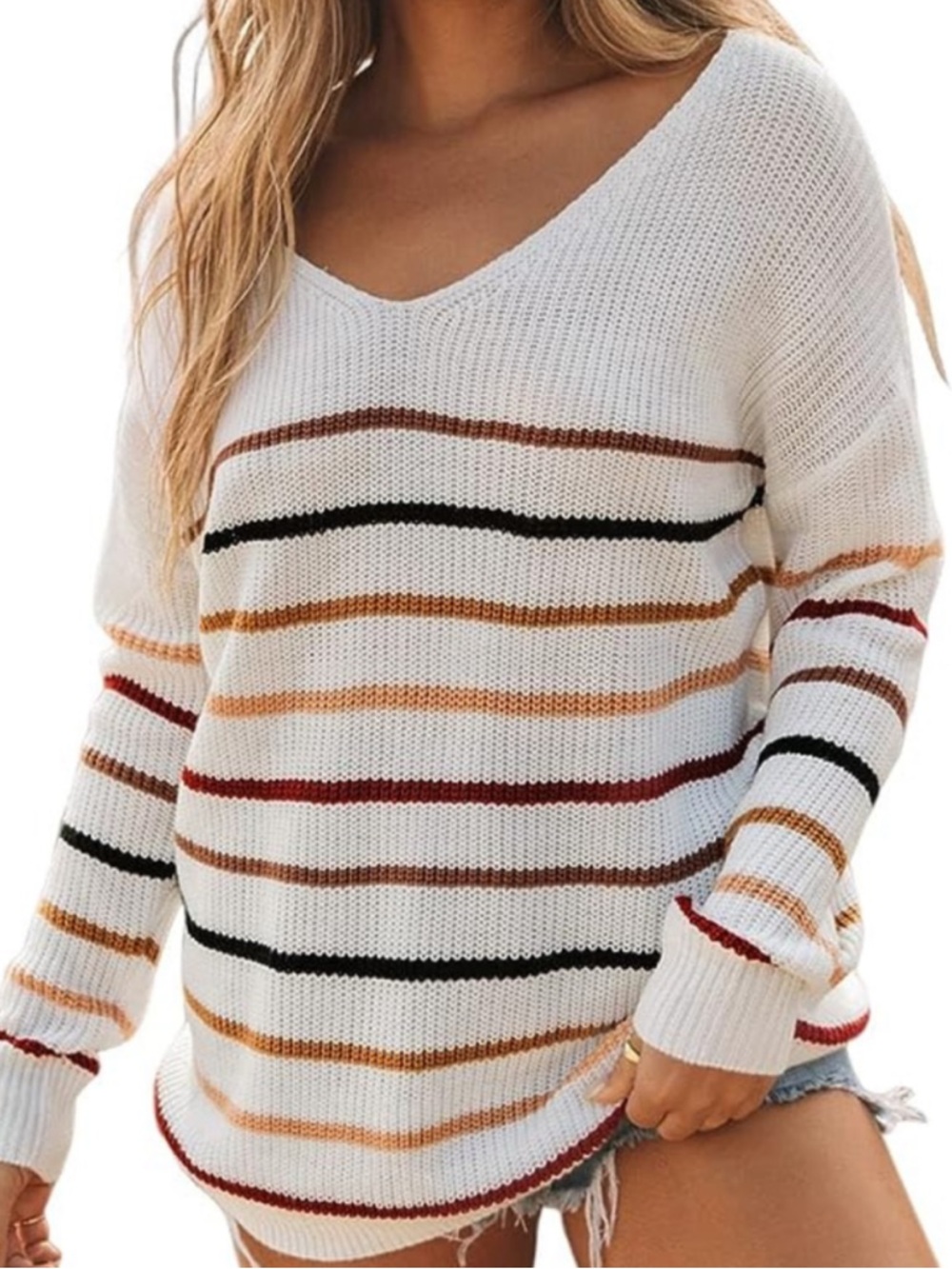 V-Neck Cream Striped Knit Sweater